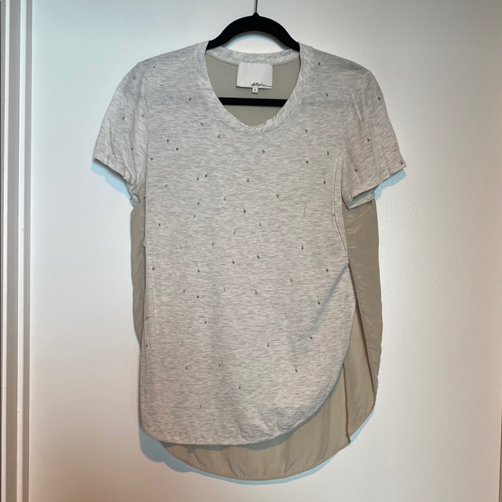 Gray Short Sleeve Top T-shirt with Studded Pearls Accents